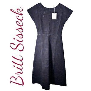 NWT BRITT SISSECK Sindet 100% Cotton Blue & Natural V-Neck Midi Dress, Size 4 US